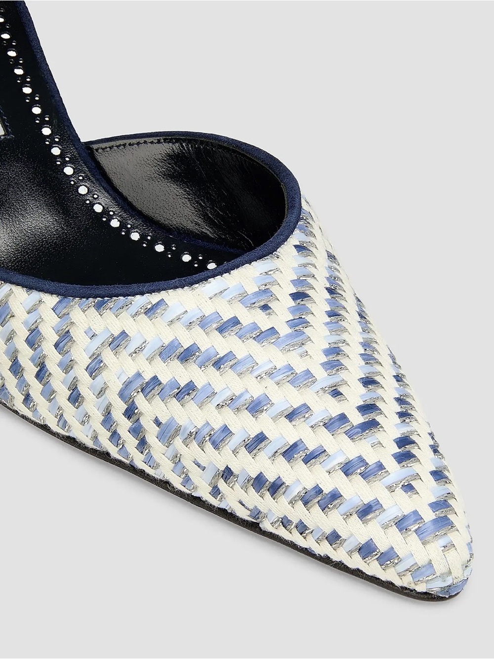 Manolo Blahnik Carolyne Metallic Raffia Kitten Heel Mules